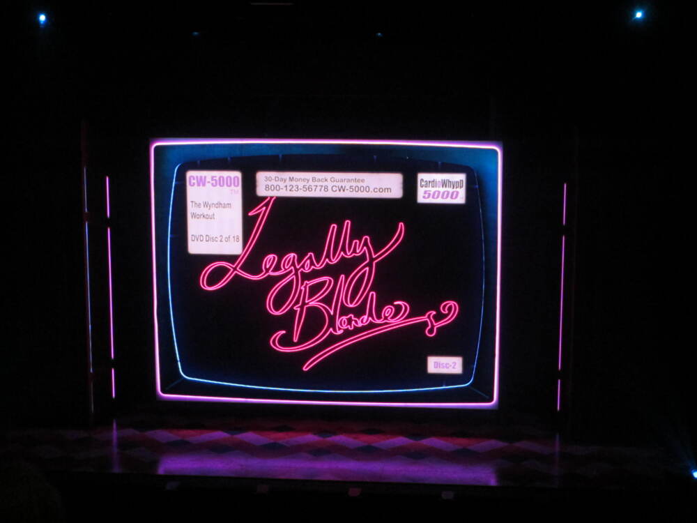 A large backdrop that looks like an old CRT TV, with a DVD interface that says it's disc 2 of the Wyndham Workout and a pop-up saying that you can buy Brooke's jump-rope device by calling a 1-800 number 