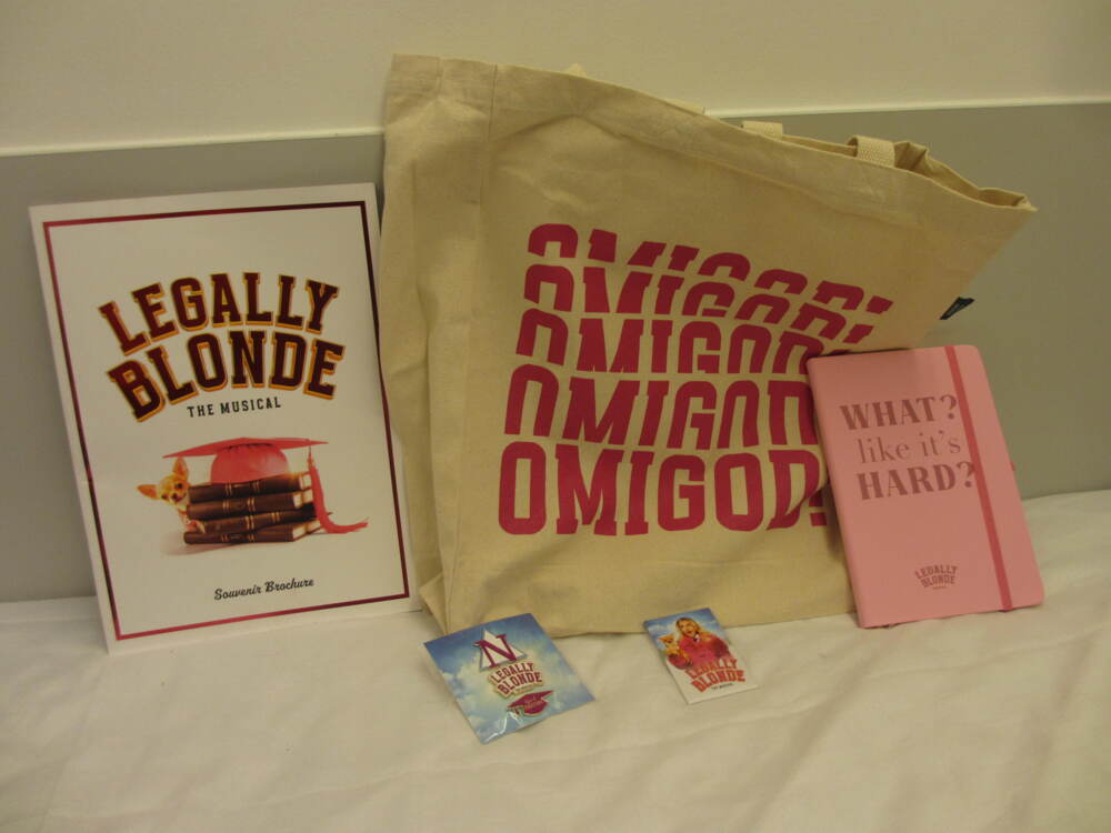 From left to right: a large program with "Legally Blonde" written on that and Elle's chihuahua Bruiser next to a stack of books and a pink graduation cap; a tote bag with "omigod" on it; a diary with the quote "What, like it's hard?"; a set of pins with stuff from the musical; and a fridge magnet with the promotional picture of Amber Davies on it.